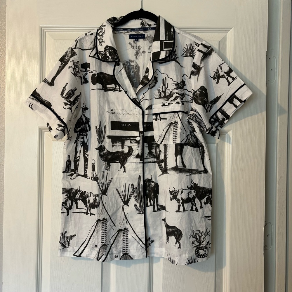 Katie Kime Marfa Toile Prada Pront Pajama Top Button Down Sleepwear Size Medium